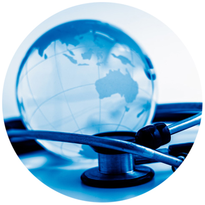 blue stethoscope and globe